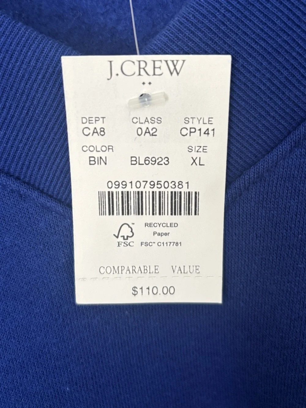 J. Crew NWT Fleece V-neck Woman sweatshirt Bright Indigo XL